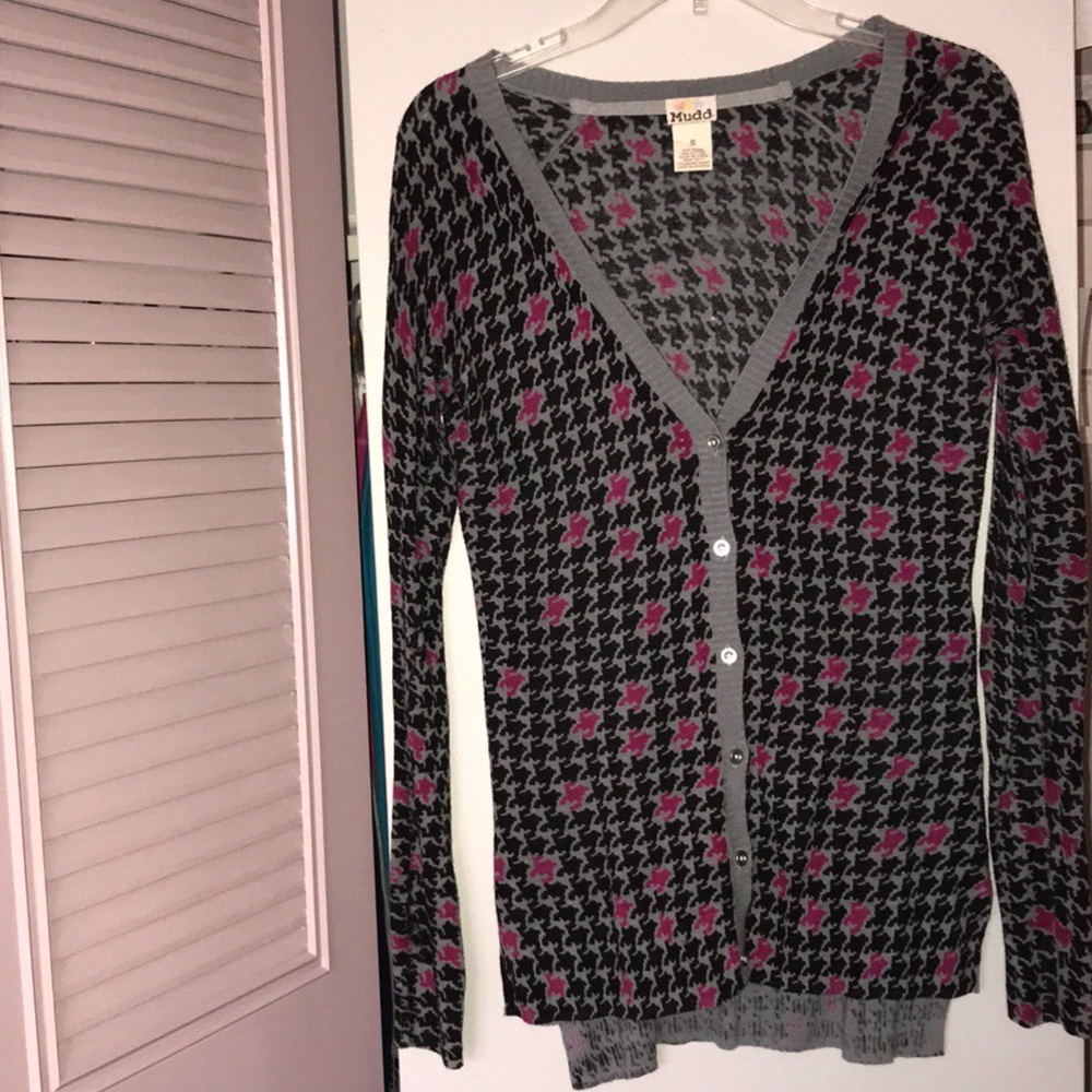 Mudd Houndstooth Gray/Pink/Black Cardigan